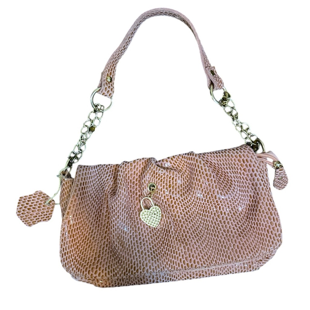 Pink snakeskin shoulder bag with gold heart charm, extra chain strap